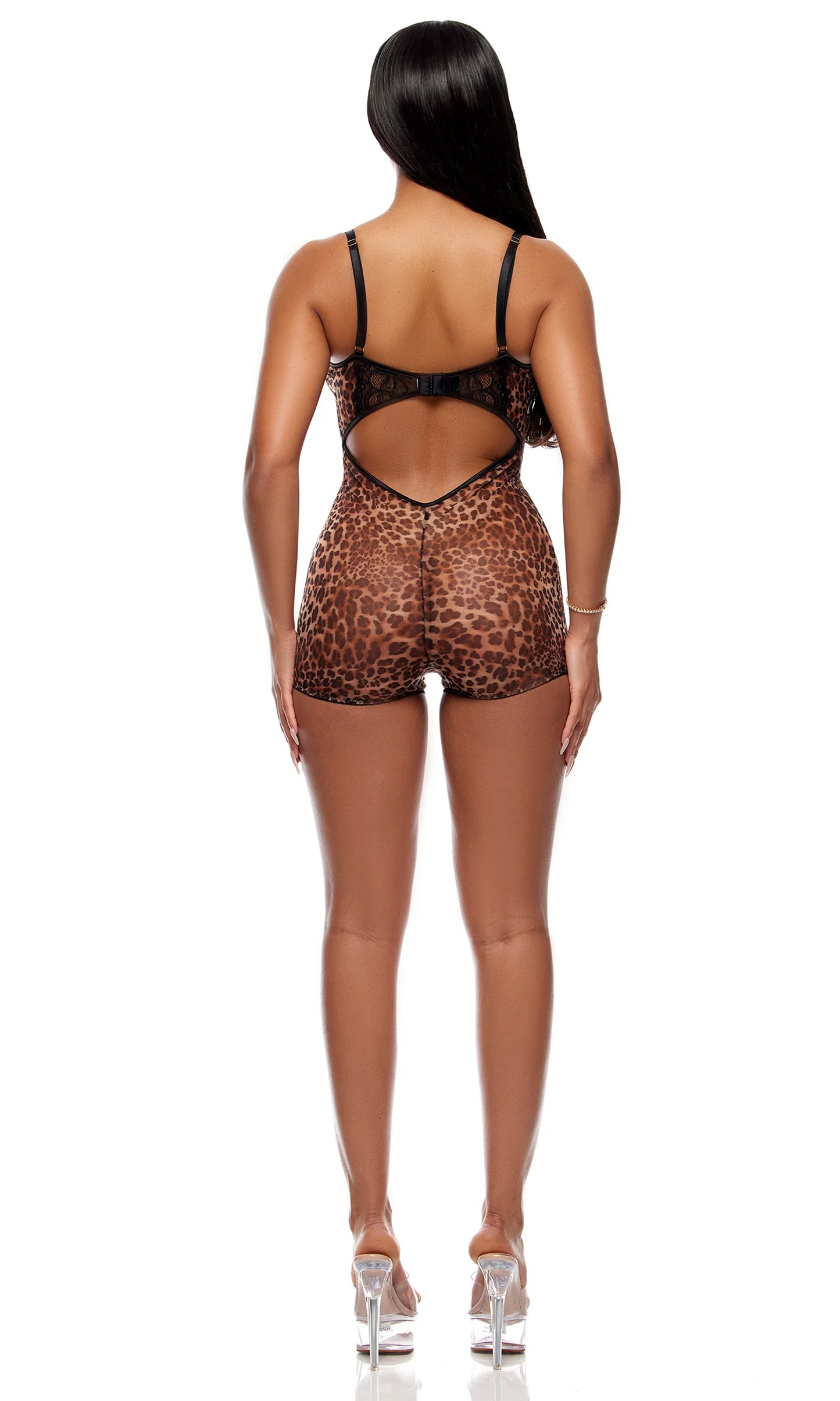 Animal Instincts Sheer Mesh Romper - Leopard