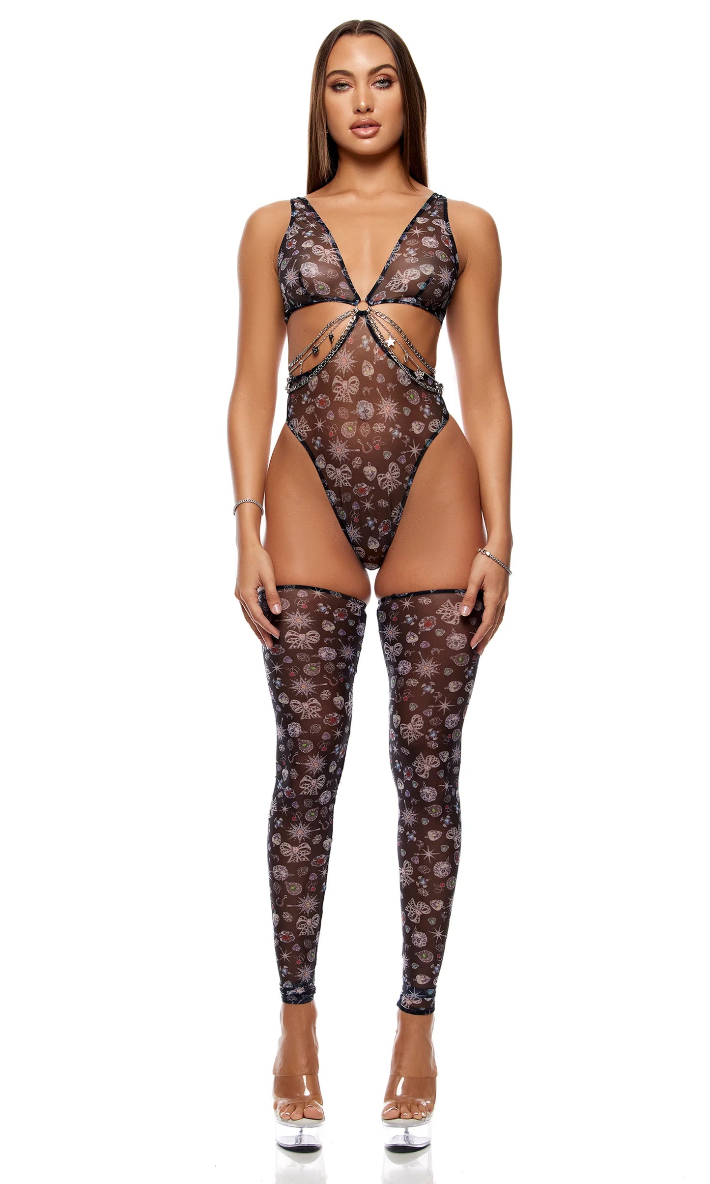 Sheer Charm Mesh and Chains Teddy Lingerie Set - Black