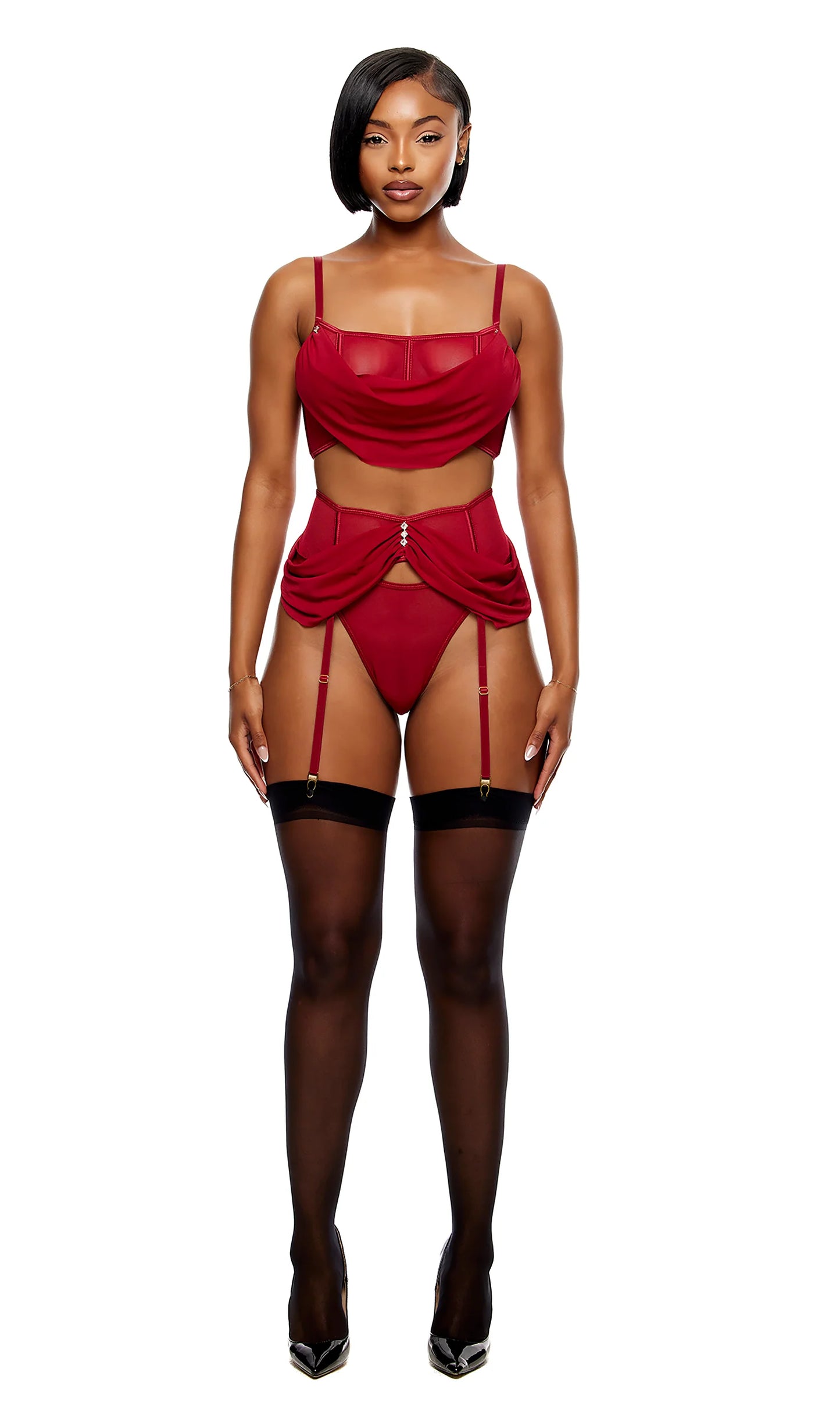 Princess Treatment Draped Mesh Bra and Garter Belt Lingerie Set
