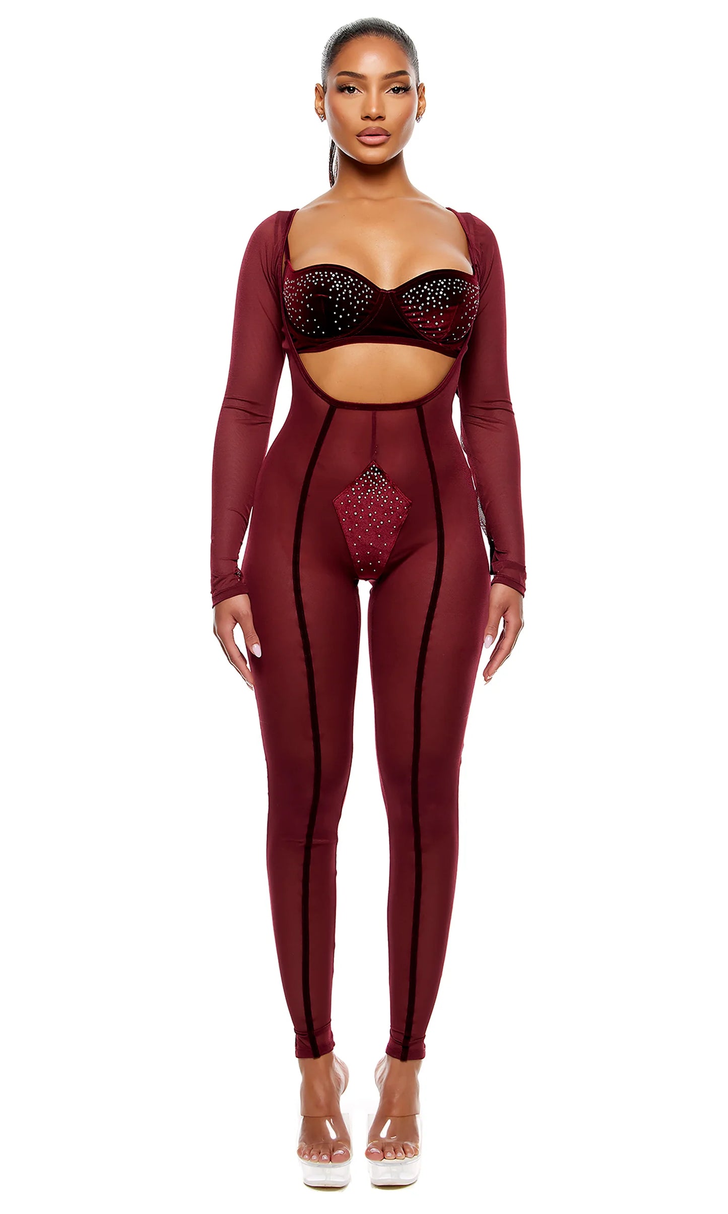 Caught Your Eye Velvet Rhinestone Jumpsuit Lingerie Set - Wine